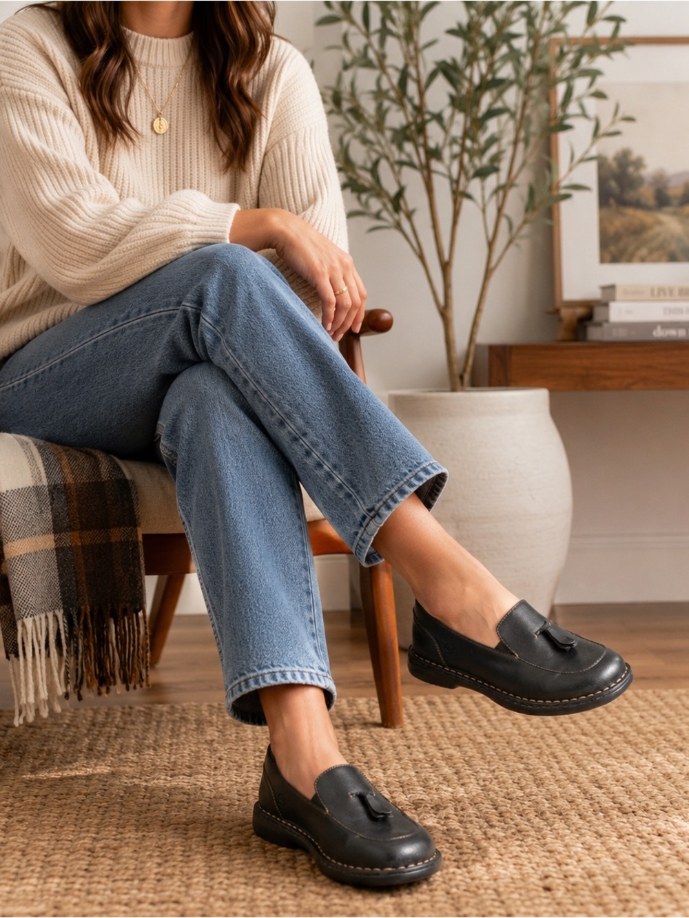 Born Black Leather Tassel Loafers Women’s 10 Comfort Slip On Shoes